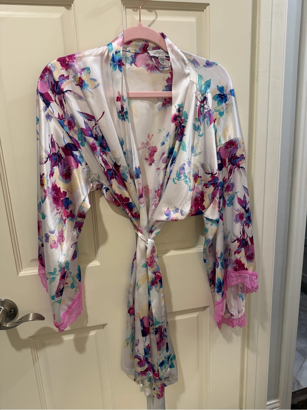 In bloom by jonquil floral Satin Tie-Front Robe with Pink Lace Trim